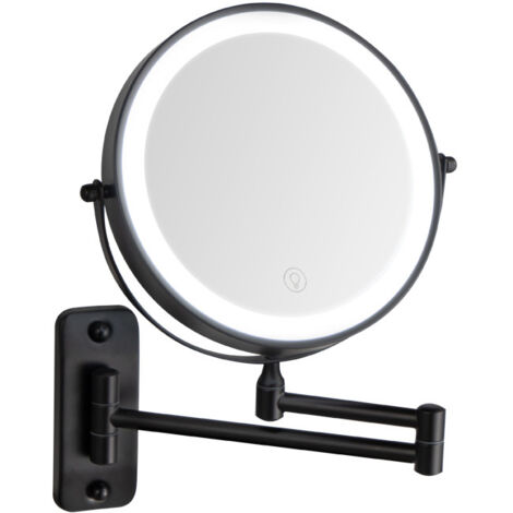 Miroir de maquillage mural 8 pouces, grossissement 1X/5X, rechargeable, éclairage réglable à 3 couleurs (noir)