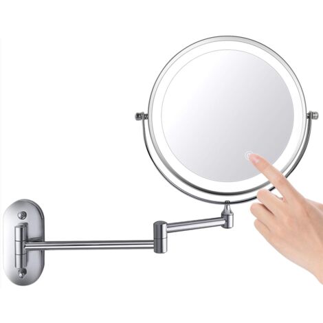 Miroir de maquillage mural à LED 8 pouces, intensité variable, double face, grossissement x5 (argenté)