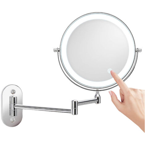 Miroir de maquillage mural argenté de 20 cm (8 pouces) avec éclairage LED pliable et télescopique, double face, pour salle de bain.