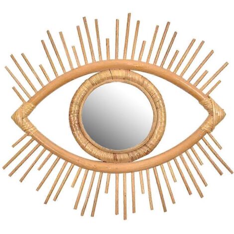 Miroir de maquillage mural en rotin, design innovant et artistique, en forme d'œil, pour la décoration intérieure.