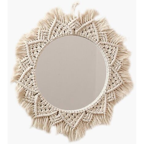 Miroir de maquillage mural suspendu en macramé, style bohème, tapisserie à pompons en corde de coton tissée à la main