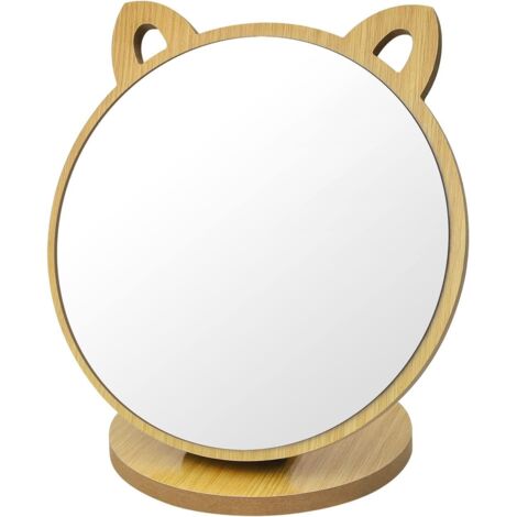 Miroir de Maquillage, Petit Miroir Forme Oreille de Chat Créative, Réglable Angle Miroir Pliable, Miroirs de Table avec Base en Bois, Style Mignon pour Chambre Salon