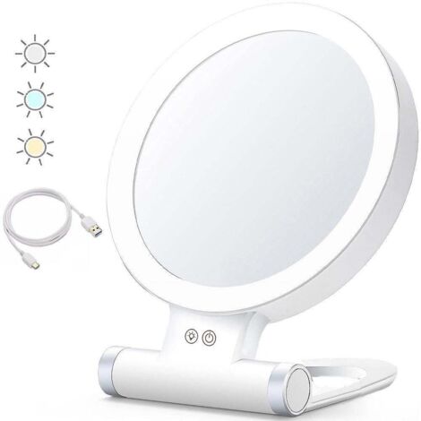 Miroir de maquillage pliable double face grossissant 1X/30X avec 3 lumières de couleur
