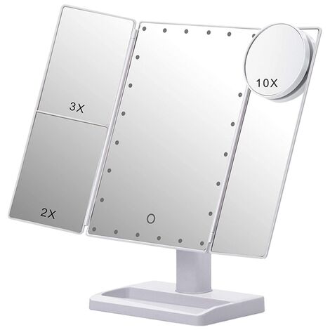 Miroir de maquillage pliable Portable avec 22 lumières LED, grossissement 10X/3X/2X, miroir de cosmétique pour Table de bureau,WHITE