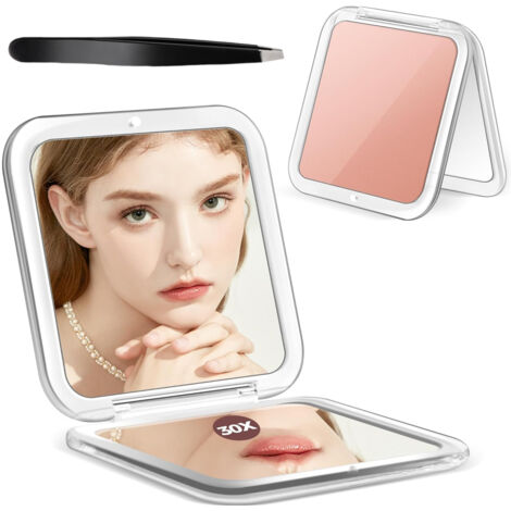 Miroir de maquillage pliable portable -Miroir sans tain - 30grossissementAvec des pinces à épiler -or rose