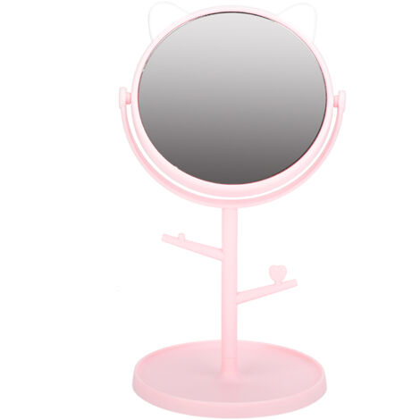 Miroir de maquillage rotatif mignon avec plateau et oreilles de chat rose pour bureau