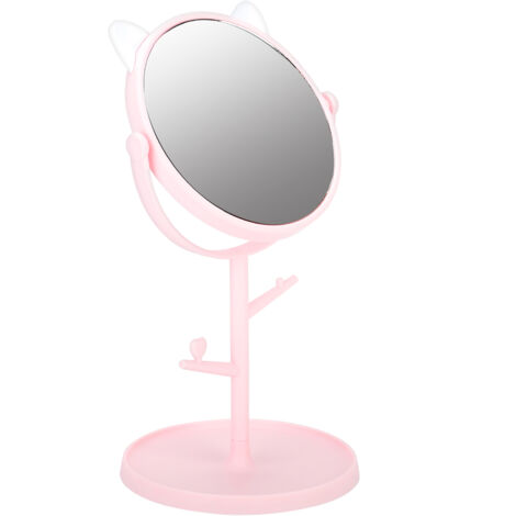 Miroir de maquillage rotatif mignon avec plateau et oreilles de chat rose pour bureau