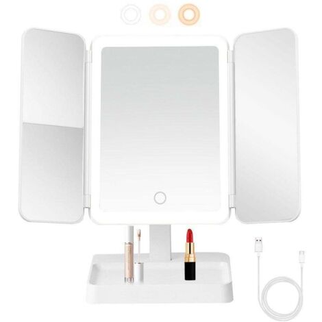 Miroir de maquillage sur pied rechargeable à trois volets avec écran tactile, grossissement 2x et 3x et éclairage LED