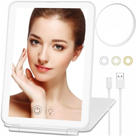 Miroir de maquillage tactile avec miroir rond grossissant x10, rechargeable par USB, miroir cosmétique portable - Blanc