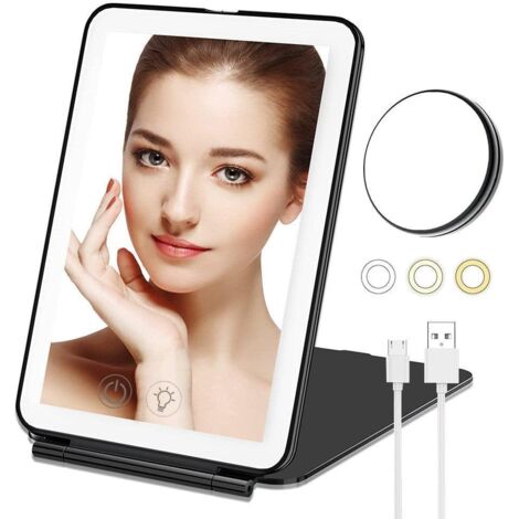 Miroir de maquillage tactile avec miroir rond grossissant x10, rechargeable par USB, portable et rechargeable - Noir