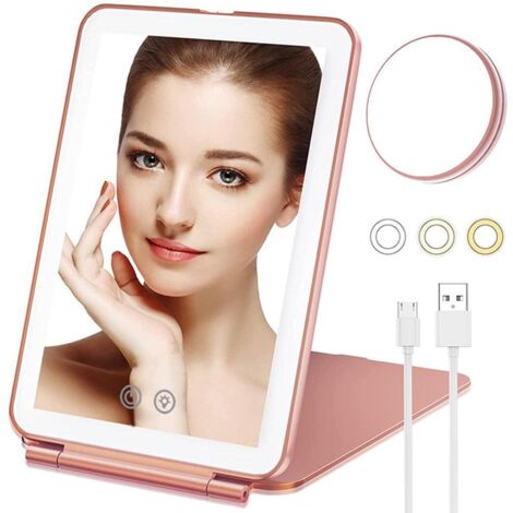 Miroir de maquillage tactile avec miroir rond grossissant x10, rechargeable par USB, portable - Or rose