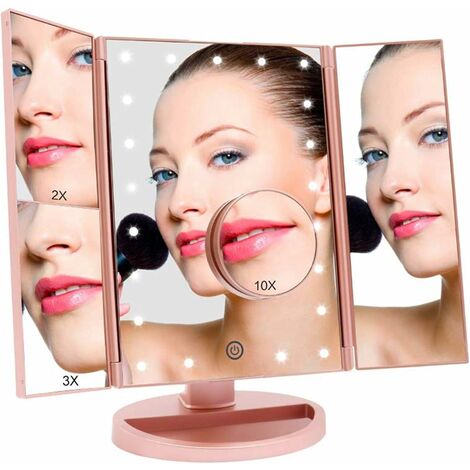 Miroir de Maquillage Triple, Miroir de Bureau Lumineux à LED de Magnification 1X / 2X / 3X /10X Batterie et Charge USB Rotation de 180 Degrés Libre Réglable(Rose Gold)