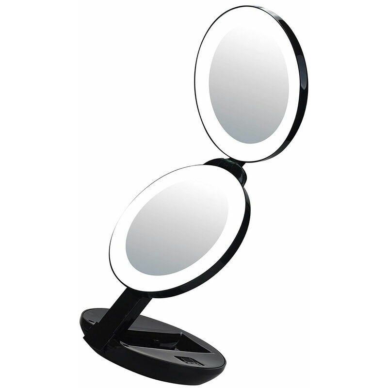 Miroir de maquillage à trois volets portable pliant portable beauté double face petit miroir led avec lumière de remplissage (noirDiamètre