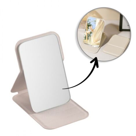 Miroir de poche en similicuir, ouvrant, sur pied, pour sac à main, crème L17K