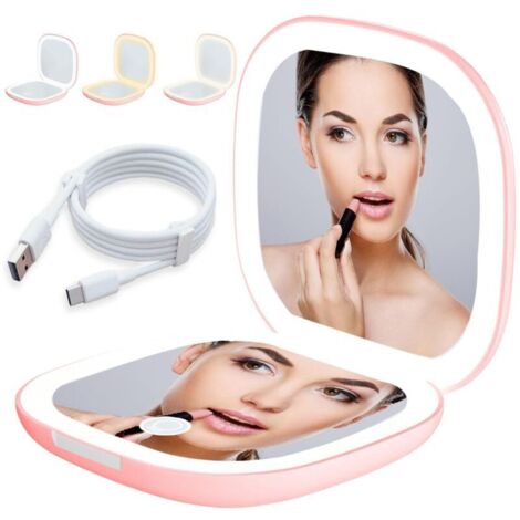 Miroir de poche LED avec grossissement 1X/10X, miroir grossissant avec lumière, miroir de voyage avec intensité variable et lumière LED double face, pliable, cadeau pour fille, rose