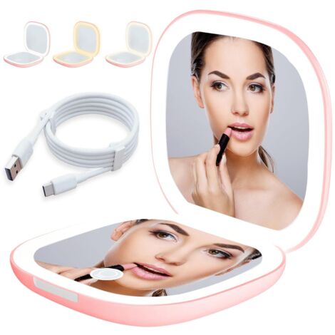 Miroir de poche LED avec grossissement 1X/10X, miroir grossissant avec lumière, miroir de voyage avec intensité variable et lumière LED double face, pliable, cadeau pour fille, rose