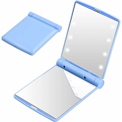 SHAR Miroir de poche LED pliable - Bleu ciel, miroir de voyage de poche,  petit miroir pliable, miroir de maquillage portable, miroir de sac à main,  miroir de poche avec 8 lumières
