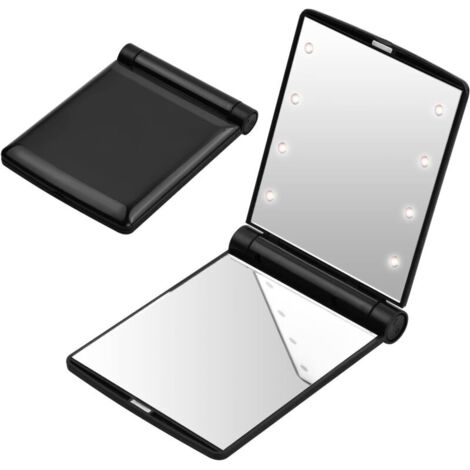 Miroir de poche LED pliable - noir, miroir de voyage de poche, petit miroir pliable, miroir de maquillage portable, miroir de sac à main, miroir de poche avec 8 lumières LED, cadeau pour les femmes