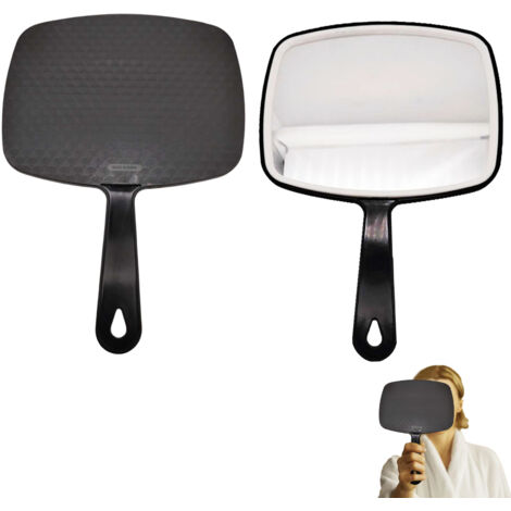 Miroir de poche noir avec poignée ergonomique, miroir professionnel portable avec trou de suspension, grand miroir de salon pour maquillage, rasage, voyage et coiffure (21 x 11,5 cm)