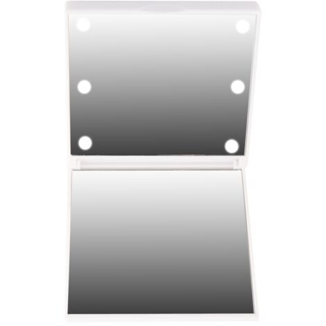 Miroir de poche pliant portable 6 LEDs pour maquillage, alimenté par batterie (Blanc)