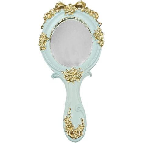Miroir de poche vintage vert avec poignée, style antique, portable, pour femmes