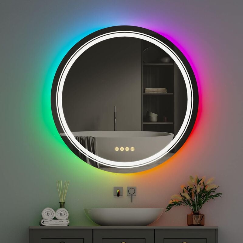 Miroir de Salle Bain Lumineux led Rond rgb avec Eclairage Integre Anti buee Miroir Mural Multicolore avec Interrupteur Tactile 9 Mode d'Eclairage - φ