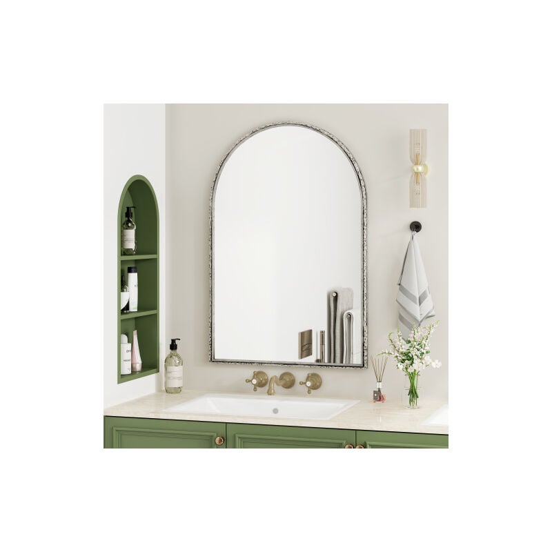 Wishdor - Miroir de salle de bain mural, miroir en arc, pour salon, chambre et à la salle de bain, argent