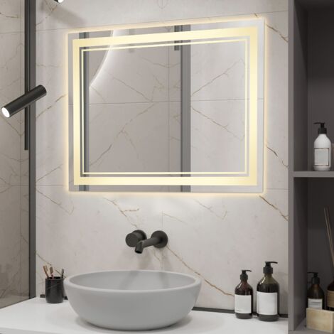 Miroir de salle de bain à LED 2,5 x 50 x 70 cm, interrupteur mural, miroir mural avec éclairage tricolore, anti-buée, interrupteur tactile