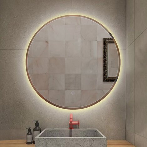 Miroir de salle de bain à LED anti-buée à éclairage blanc chaud miroir mural avec capteur tactile rond 60cm