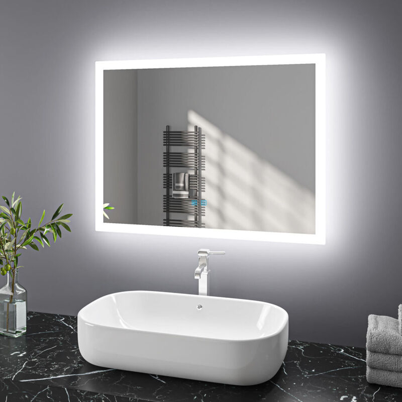 Finmrys - 80x60 cm Miroir de salle de bain à led avec interrupteur tactile ou commande de l'interrupteur mural, anti-buée, lumière blanche