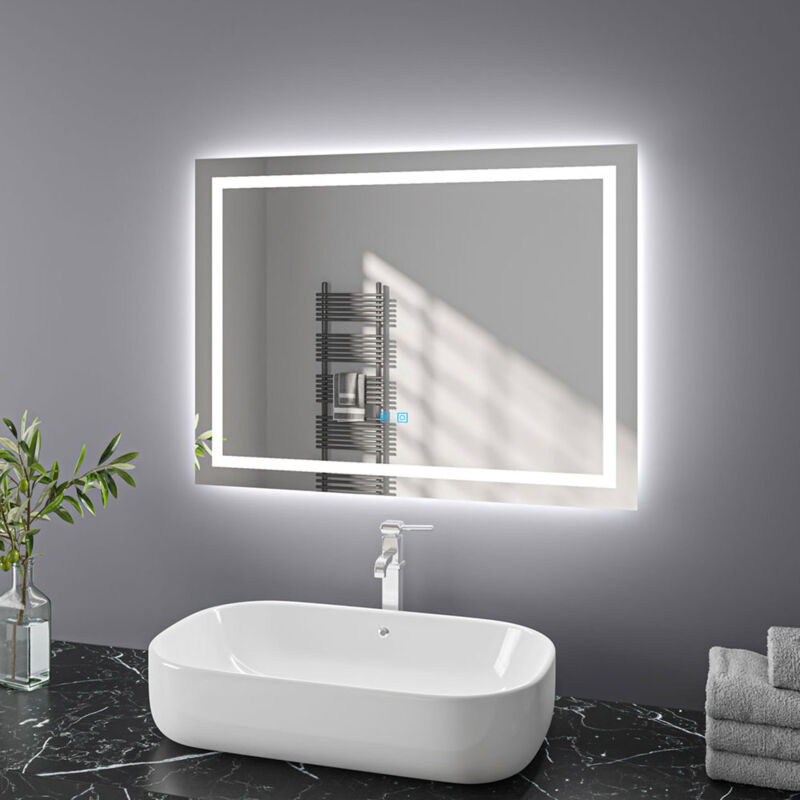 Finmrys - 90x60 cm Miroir salle de bain avec eclairage, interrupteur tactile ou commande de l'interrupteur mural, anti-buée, lumière blanche
