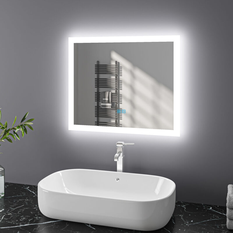 60x50 cm Miroir de salle de bain à led avec interrupteur tactile ou commande de l'interrupteur mural, anti-buée, lumière blanche froide/chaude/neutre