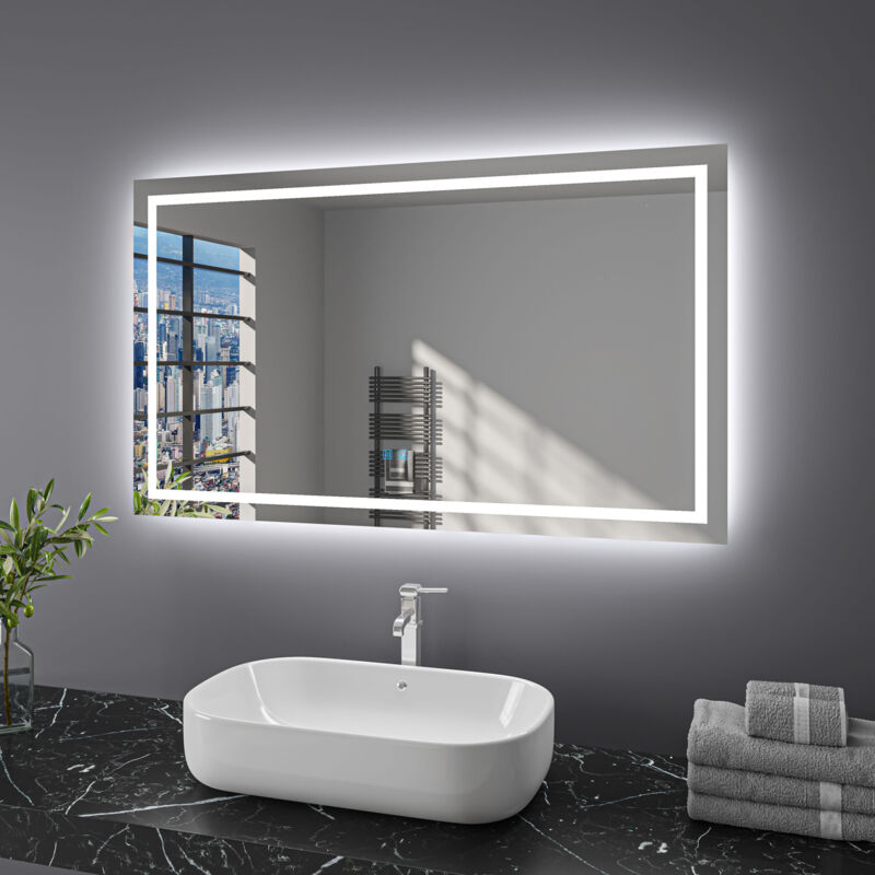 Finmrys - 120x70 cm Miroir salle de bain avec eclairage, interrupteur tactile ou commande de l'interrupteur mural, anti-buée, lumière blanche