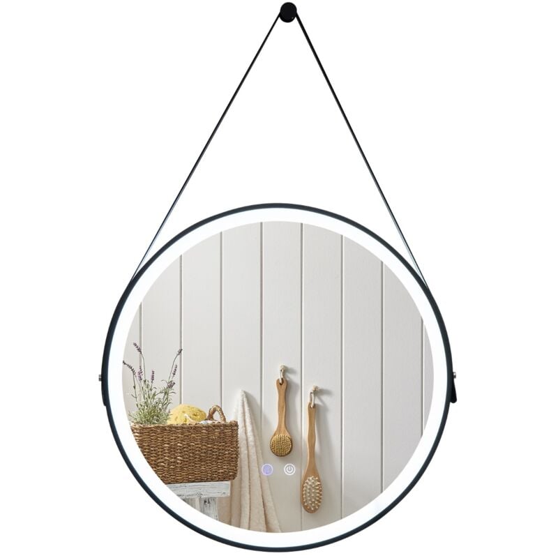 Maisonchic - Miroir de Salle de Bain à led Rond de 60 cm Éclairage Tricolore Anti-Buée Mémoire Miroir Mural Suspendu Sangle en Cuir design in