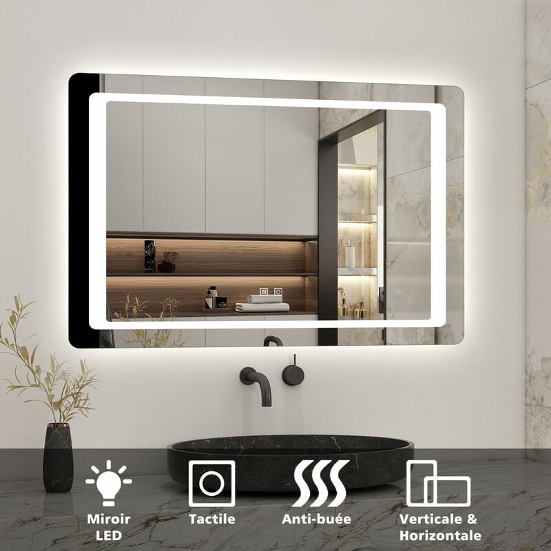 Miroir avec éclairage intégré, l.90 x H.70 cm Miroir lumineux anti buée, miroir de salle de bain