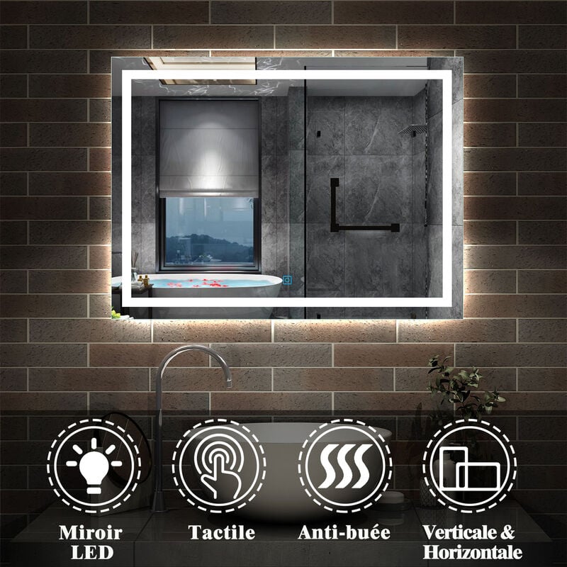 24W SIRHONA Miroir Salle de Bain avec /éclairage LED Miroir Anti-Bu/ée Lumi/ère Illumination 50 x 70 cm Miroir Salle de Bain avec Interrupteur Tactile