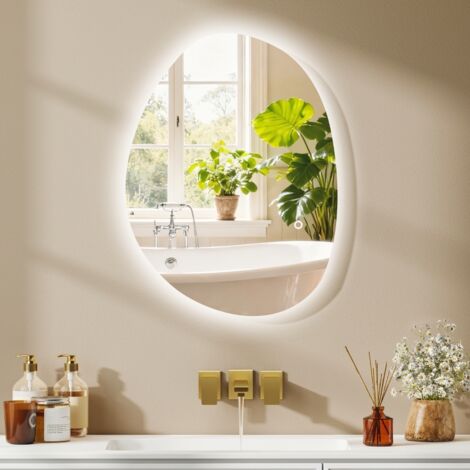 Miroir de salle de bain asymétrique 70 x 50 cm avec éclairage LED, interrupteur tactile intelligent, fonction antibuée, argent