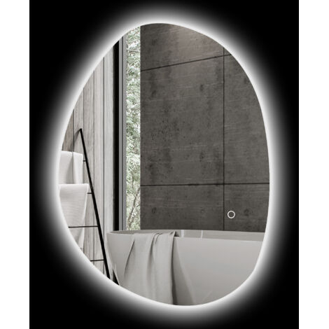 Miroir de salle de bain asymétrique 70 x 50 cm avec éclairage LED, interrupteur tactile intelligent, fonction antibuée, argent