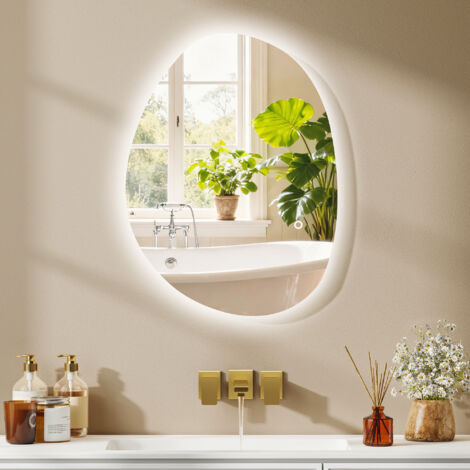 Miroir de Salle de Bain Asymétrique LED 70 x 50 cm - 3 couleurs. anti-buée. montage mural avec interrupteur tactile