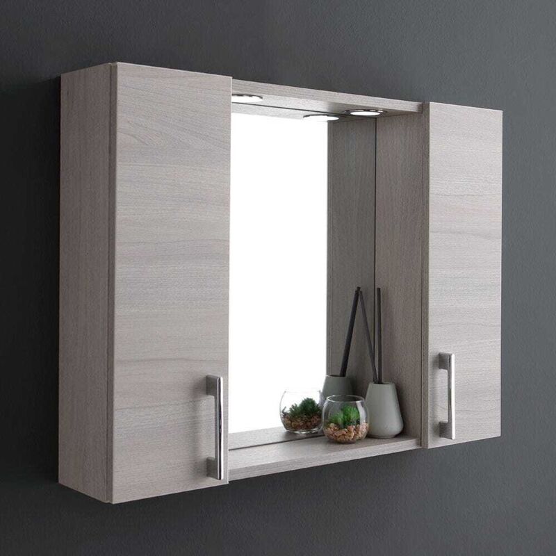 Kiamami Valentina - Miroir De Salle De Bain Avec Deux Meubles Hauts En Bois De Chêne Gris Et Led
