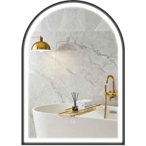 Miroir de salle de bain avec éclairage intégré, 50 x 70 cm, miroir LED arqué, antibuée, 3 couleurs d'éclairage, intensité réglable, fonction mémoire, noir