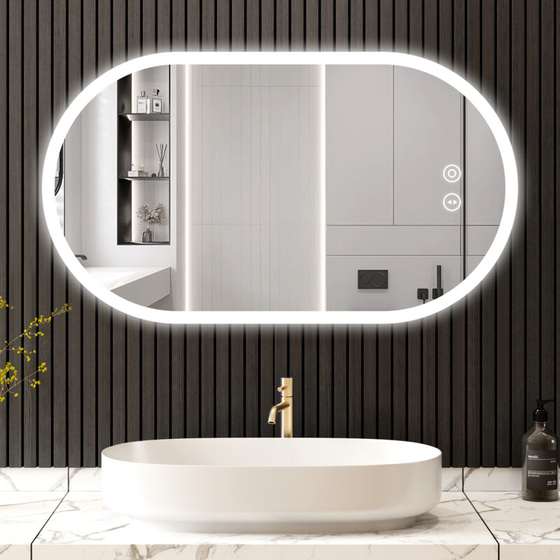 Neche - Miroir Mural Ovale de Salle de Bain avec Eclairage led 70x50cm,Verre Antidéflagrant Anti-Brouillard,Interrupteur Tactile,3 Couleurs