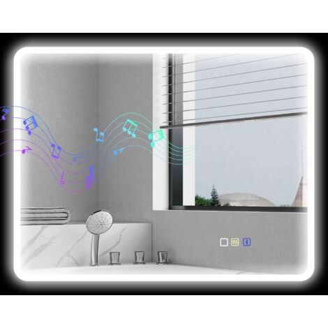 Miroir de salle de bain avec éclairage LED et Bluetooth, miroir mural rétroéclairé 90 x 70 cm avec fonction antibuée, 3 couleurs de luminosité réglables, fonction mémoire et commande tactile, verre tr