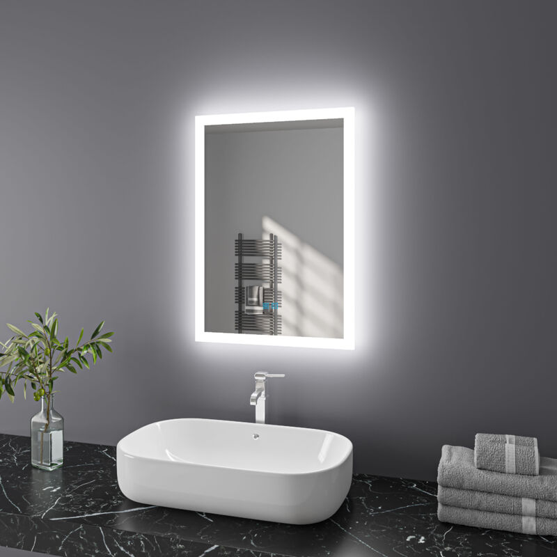 50x70 cm Miroir de salle de bain avec éclairage avec interrupteur tactile, Antibuée, variateur d'intensité lumineuse Blanc froid Blanc chaud