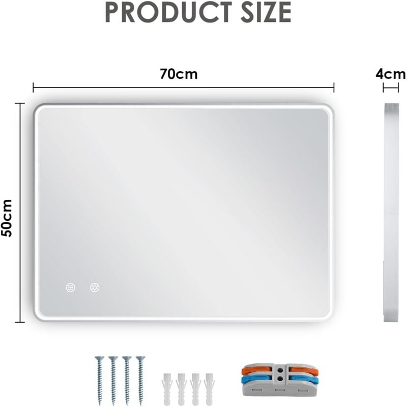 Tlgreen - Miroir de salle de bain avec éclairage LED,3 couleurs de lumière à intensité variable,anti-buée,Commande par Effleurement(70x50cm)