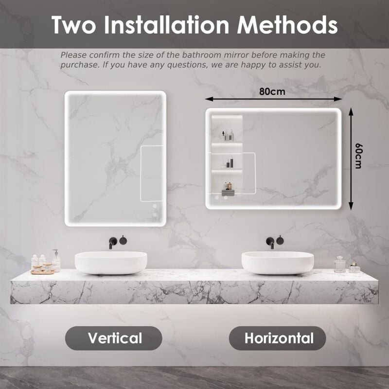 Miroir de salle de bain avec éclairage LED,3 couleurs de lumière à intensité variable,anti-buée,Commande par Effleurement(80x60cm)