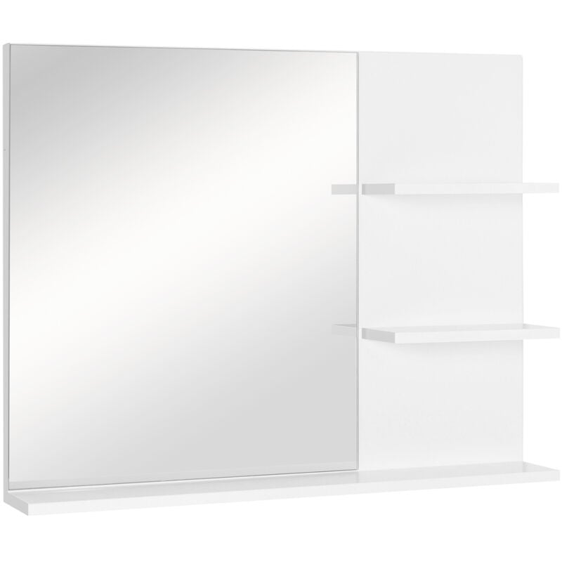Miroir de salle de bain avec étagères - 2 étagères latérales + grande étagère inférieure - kit installation fourni - mdf blanc
