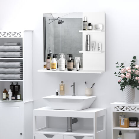 Miroir de Salle de Bain avec étagères - 2 étagères latérales + Grande étagère inférieure - kit Installation fourni - MDF Blanc