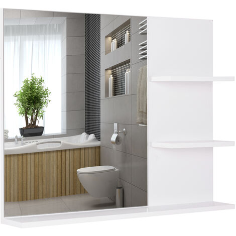 Miroir de salle de bain avec étagères - 2 étagères latérales + grande étagère inférieure - kit installation fourni - MDF blanc - Blanc
