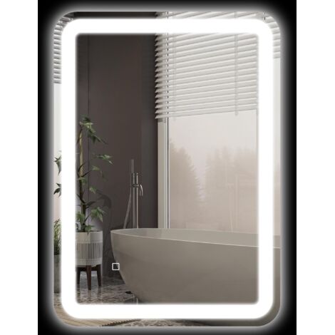 Miroir de salle de bain avec interrupteur tactile, éclairage LED tricolore et fonction antibuée, 70 x 50 cm